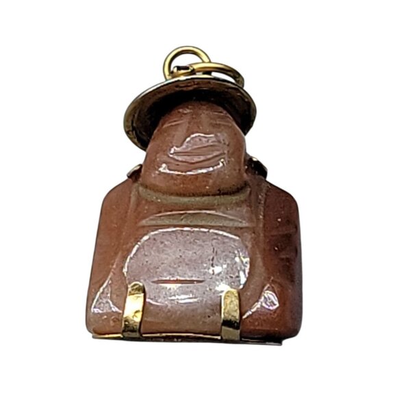 10kgp Carved Red Jasper Happy Buddha Pendant Yellow Gold Plated Setting Luck - Picture 1 of 16